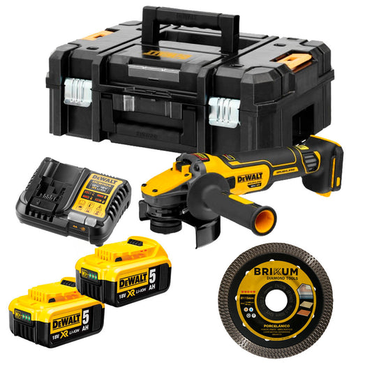 Amoladora sin escobillas 18v XR 125mm con 2 bat 5Ah y maletín + Disco Dewalt DCG409P2X