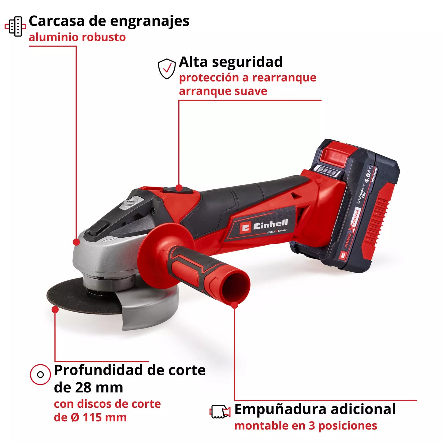 Amoladora angular 115mm 18V con batería y cargador Einhell TC-AG 18/115 Li