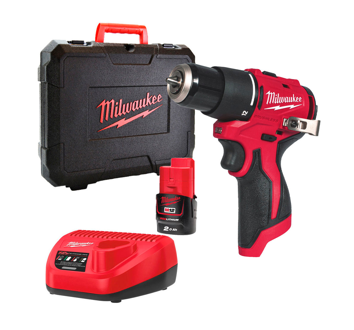 Taladro percutor subcompacto M12 + Batería 2Ah + Cargador + Maletín Milwaukee M12 BLPDRC-202C
